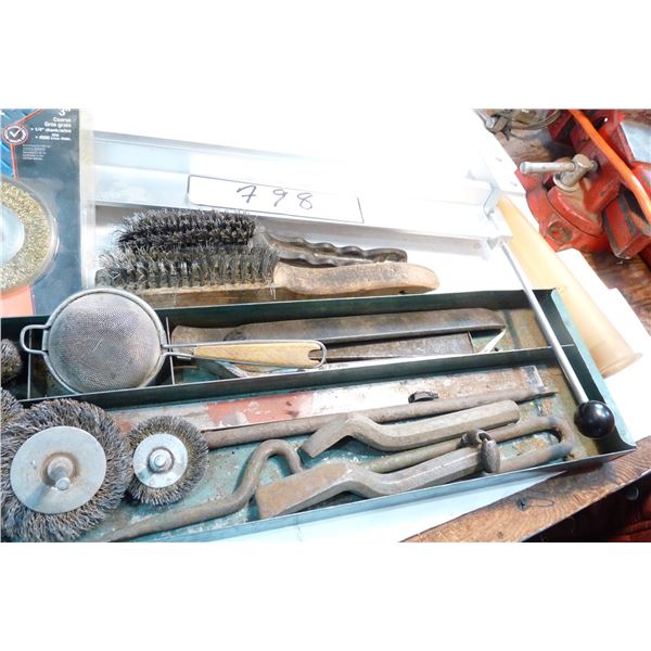 Estwing rock hammer, wire brushes, chisels, metal forming brake