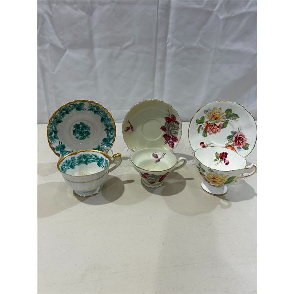 2 Vintage Shafford teacups and saucers & 1 vintage Hammersley teacup and saucer