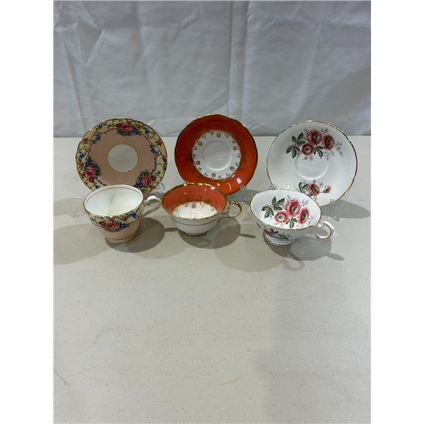 2 Vintage Aynsley teacups and saucers & 1 Vintage Roslyn teacup and saucer