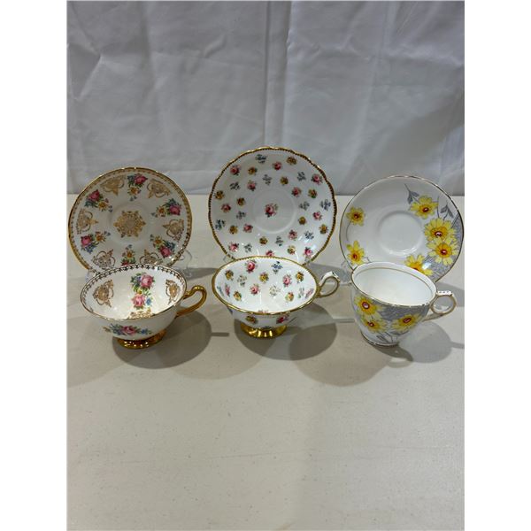 3 Vintage teacups and saucers (Royal Grafton, Royal Stratford and Royal Chelsea)