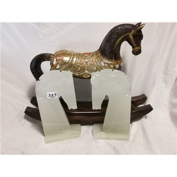 2 Stone Horse Book end ands Wooden Rocking Horse