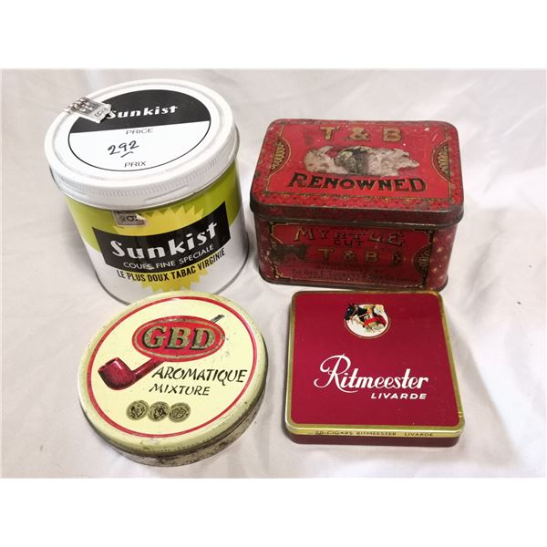 Lot of 4 Tobacco  Tin Cans, T&B, GBD , Sunkist