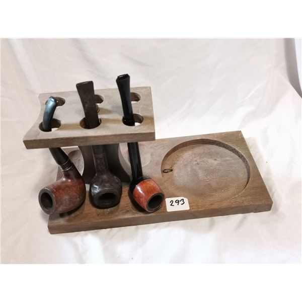 Three Vintage Pipes on Wooden Pipe Stand