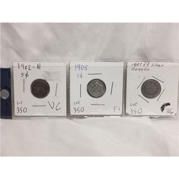 Three King Edward Silver 5Cents Coins, 1902H, 1905,1907