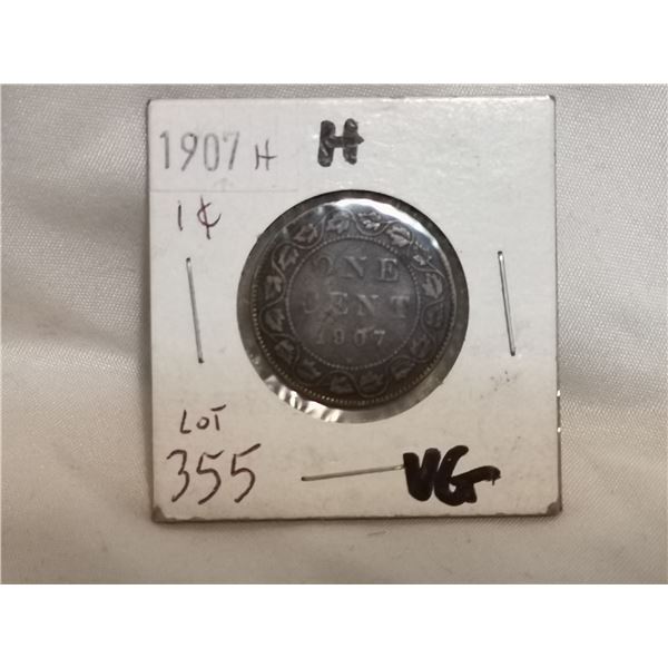 1907H Rare Variety Large 1 Cent Coin