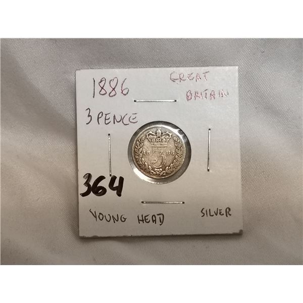 1886 Silver British 3 Pence Coin, Young Head