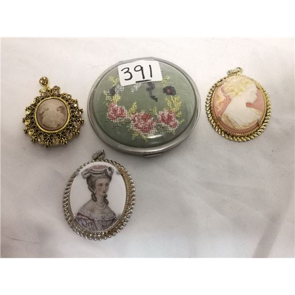 Old Compact and 3 Cameo Pendant/ Brooch