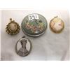 Old Compact and 3 Cameo Pendant/ Brooch