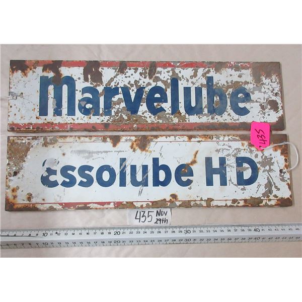 Pair of Essolube and Marvelube oil rack tin signs