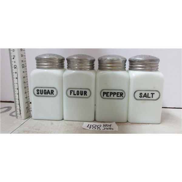 Set of 4 different Hoosier Shaker set (flour,sugar,salt,pepper)