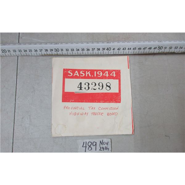 1944 Saskatchewan paper license plate