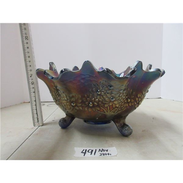 Lq. Purple Carnival Glass Orange Tree Patterned footed bowl