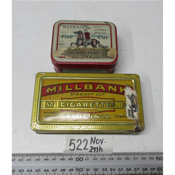 2 different square tabacco tins Repeator and Millbank