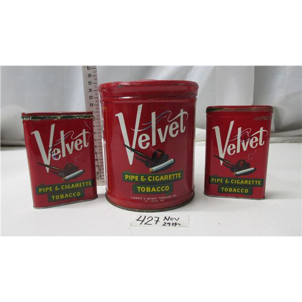 3 Velvet tabacco tins, 1 round and 2 pocket