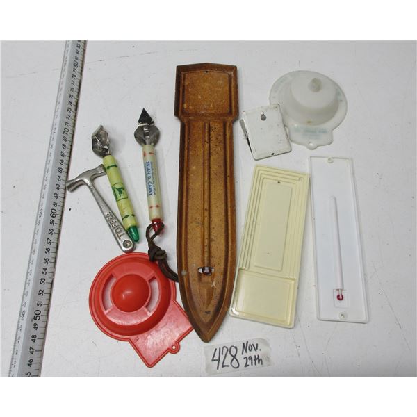 9 different advertising items including thermometers