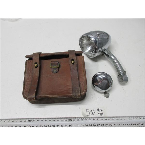 3 different vintage bicycle accessories tool lit, light and bell