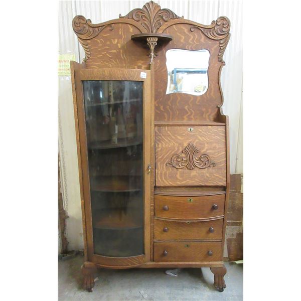 Quarter sawn oak lq curved glass 4 shelf secretary with key