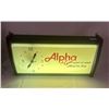 Alpha advertising clock - 20"x10-1/2", small crack by #9 on plastic, working