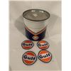 Gulf 5lb grease tin and 4 Gulf patches
