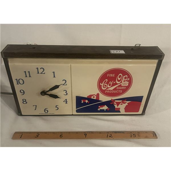 Co-op Dairy advertising clock - 18-1/2"x10", clock works, doesn't light up