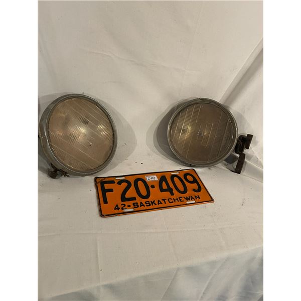 2x Chevrolet headlights and 1942 Saskatchewan license plate - 9" lens