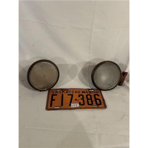 2x vintage headlights and 1950 Saskatchewan license plate - 6" lens