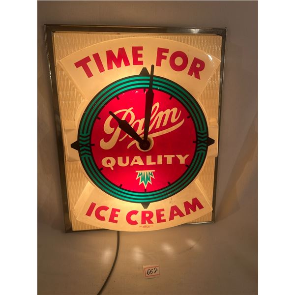 Palm Ice Cream advertising clock - working, small crack left side, 21"x7-1/2"