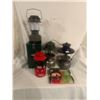 Coleman lanterns, metal case and toaster - 3 lamps missing globes