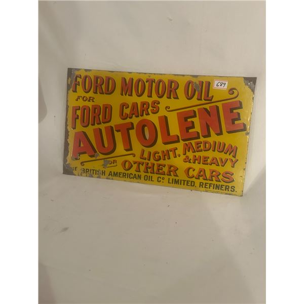 2-sided Ford Motor Oil and Peerless Gasolene porcelain sign - Mfg: Bruton, Palmer's Green, London, E