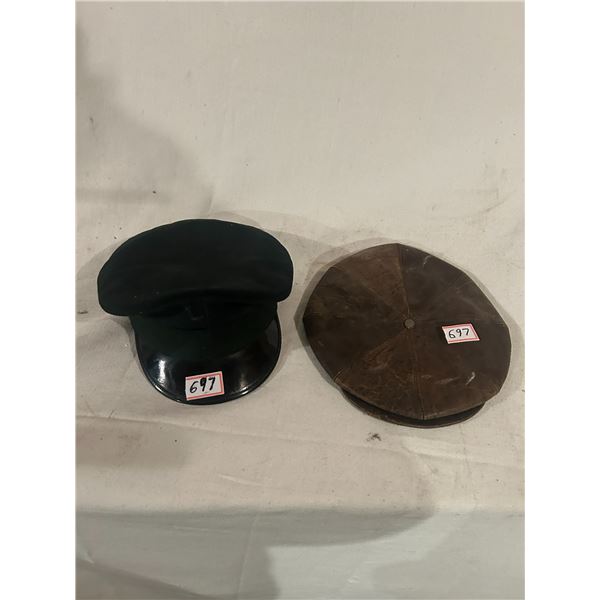 2 vintage hats - 1 service man hat, 1 leather