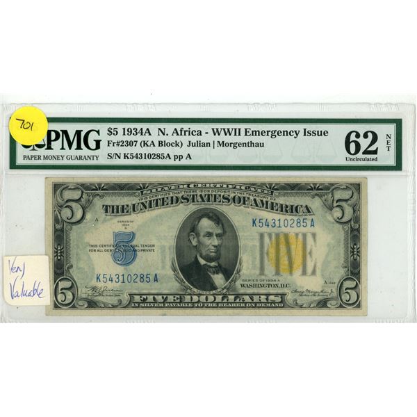 $5 1934 A N. Africa - WWII Emergency Issue (PMG Graded) 62 Uncirculated