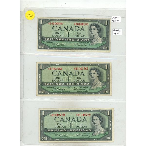 (3) 1954 One Dollar (Bank of Canada) (Replacemenent Notes)