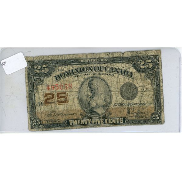 1923 B Twenty-Five Cents Dominion of Canada (Shinplaster)
