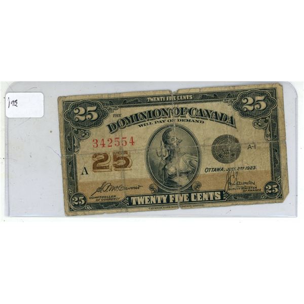 1923 A Twenty-Five Cents Dominion of Canada (Shinplaster)