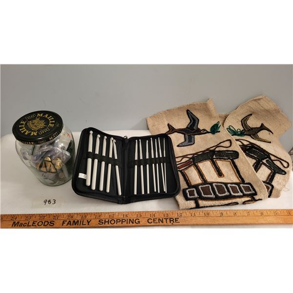 jar of misc & crochet hooks in case