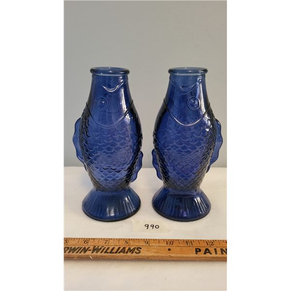 2 blue fish vases 9" tall
