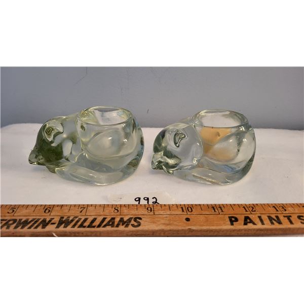 2 clear glass cat votive holders