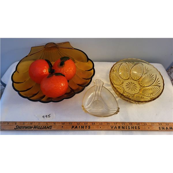 3 décor bowls & 3 glass oranges