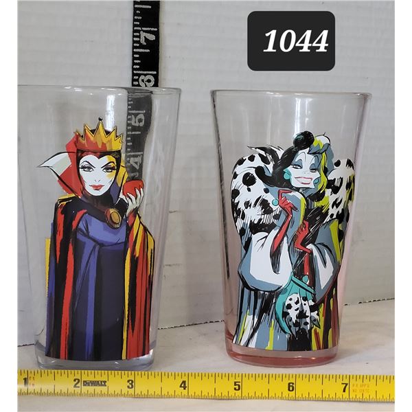 Collectable Disney female villain tinted beverage glasses. Evil Queen & Cruella de Vil
