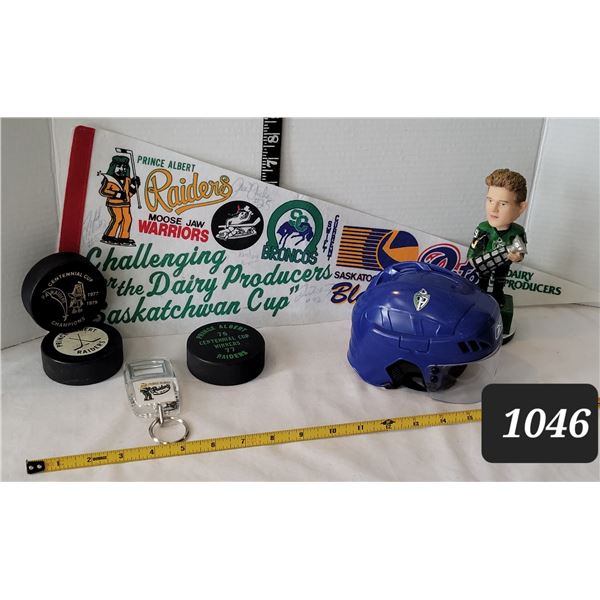 Prince Albert Raiders, Original Logo collection. Vintage Centennial cup pucks, signed pennant & more