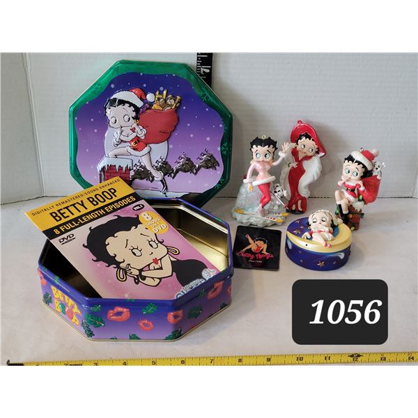 Betty Boop collector's Christmas group. Tin, DVD, talking ornaments.