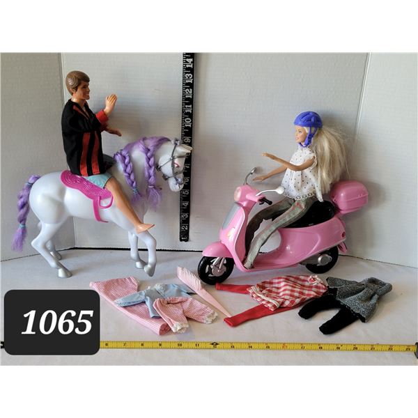 Barbie Dolls on horse back & a scooter, with clothes.