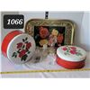 Image 1 : Mid Century rose tins & tray with assorted bottles.