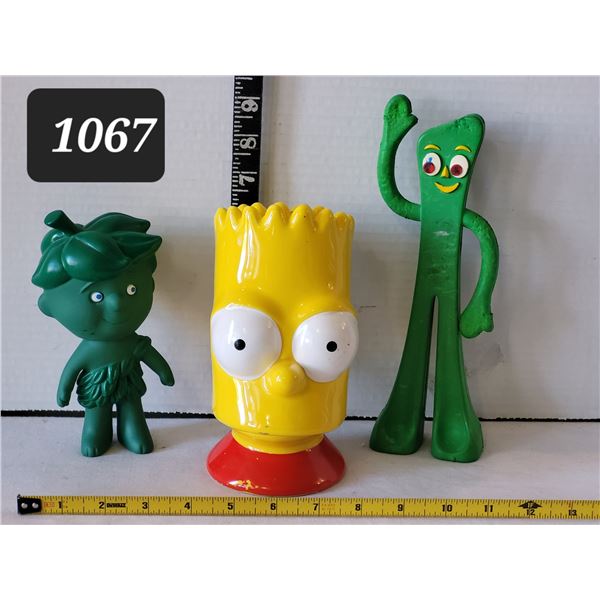 Vintage Green Giant's “Little green Sprout”, Gumby & a ceramic Bart Simpson Bank.