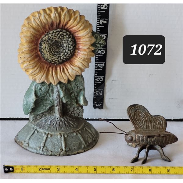 Cast iron sunflower door stop & bee.