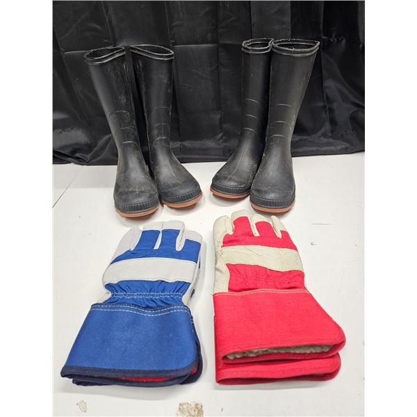 Two Pairs of Rubber Boots (Children's Size 3 and Size 4) and Two Pairs of Unused Work Gloves