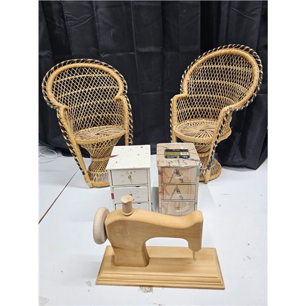 (2) Small Wicker Chairs, (2) Small Jewelry Boxes, and (1) Wooden Sewing Machine