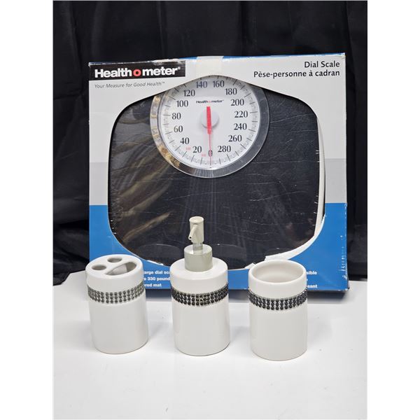 Bathroom Scale, New in Box and  3 Piece Ceramic Bathroom Set