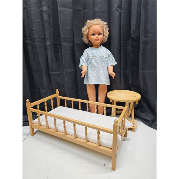 30" Vintage Doll with Wooden Doll Crib and Small Foldable Wooden Stool