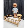 Image 1 : 30" Vintage Doll with Wooden Doll Crib and Small Foldable Wooden Stool